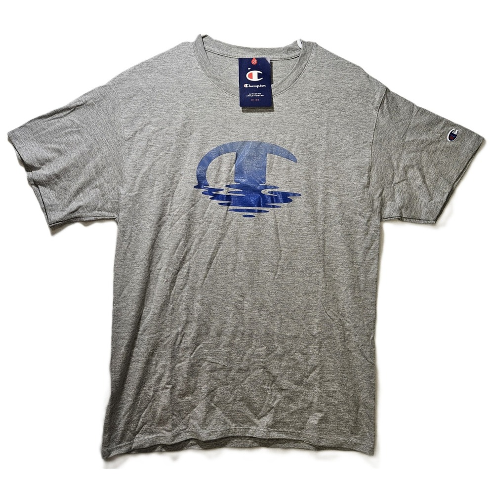 Champion Men's Graphic Melting "C" Logo T-Shirt, Gray/Blue, MD, Cotton, NEW